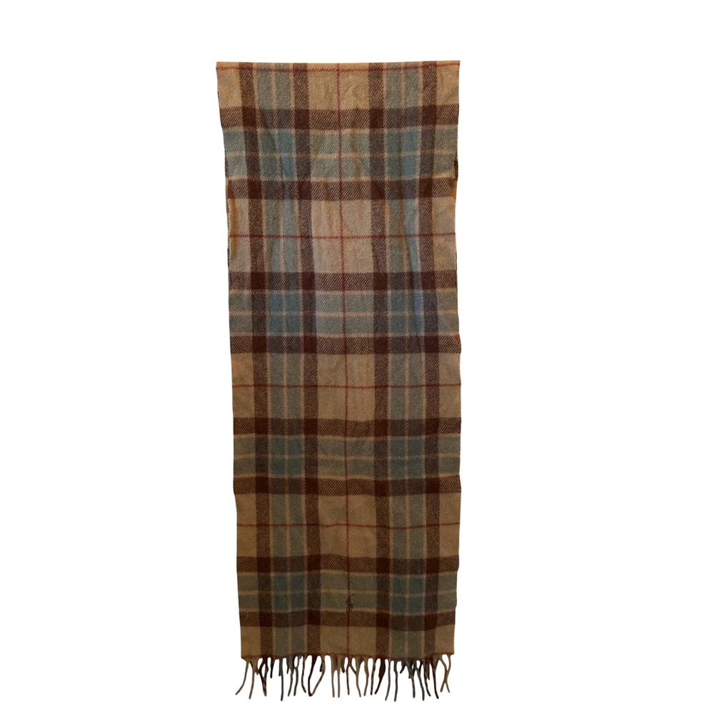 Ralph Lauren 100% Lambswool Plaid Scarf Made in Scotland Tartan Blue Brown -Flaw